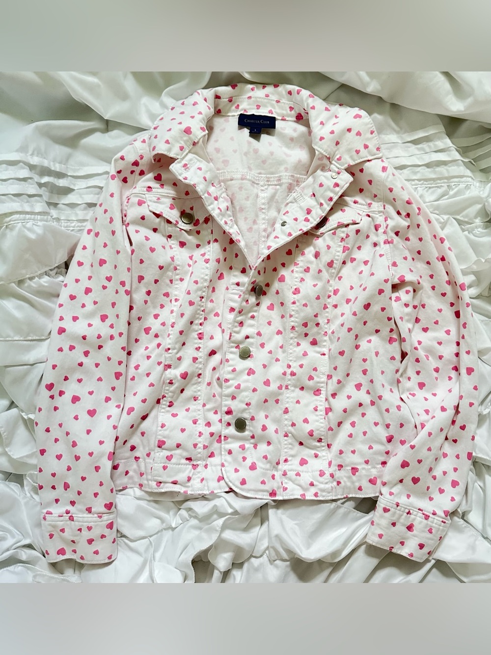 NWOT Charter Club White With Pink Hearts Denim Jacket Women’s Size Large